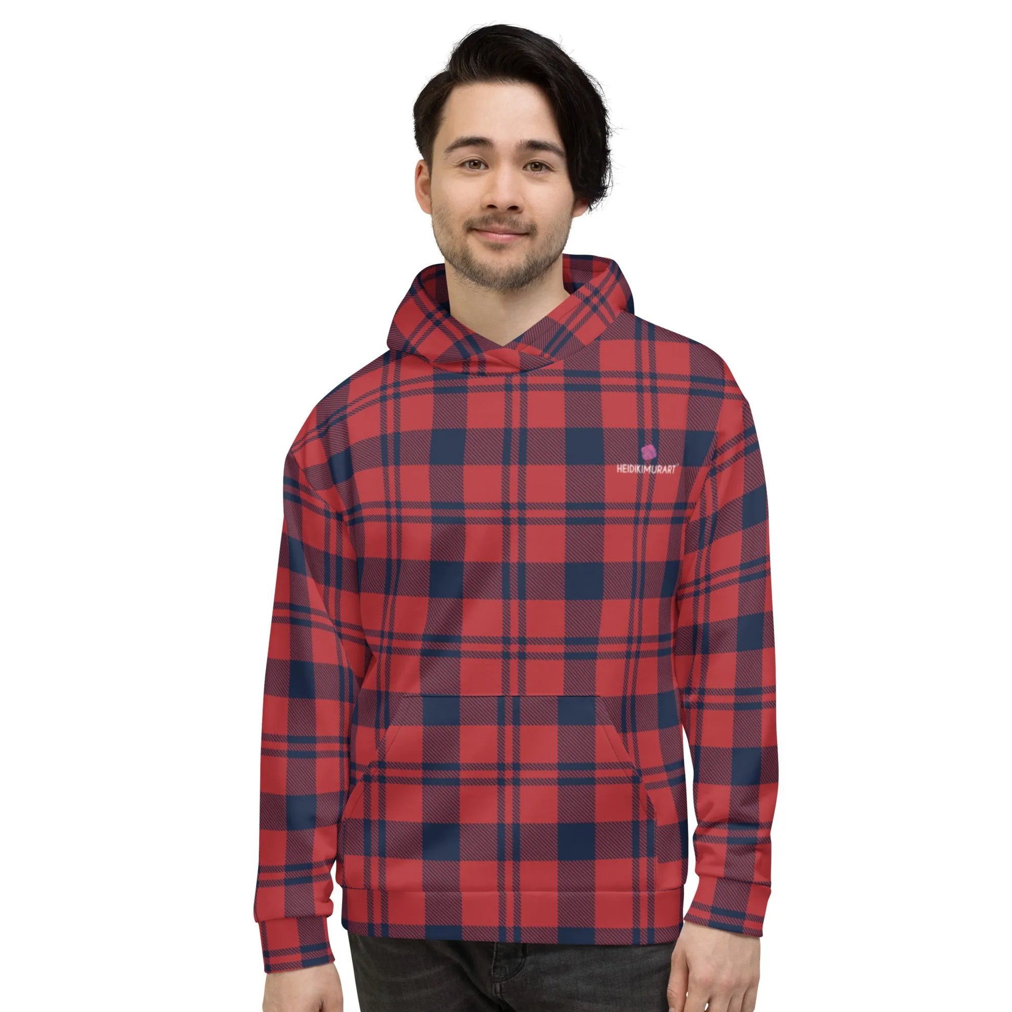 Red Plaid Print Unisex Hoodie, Plaid Print Unisex Soft Fleece Designer Hoodie- Made in USA/MX/EU