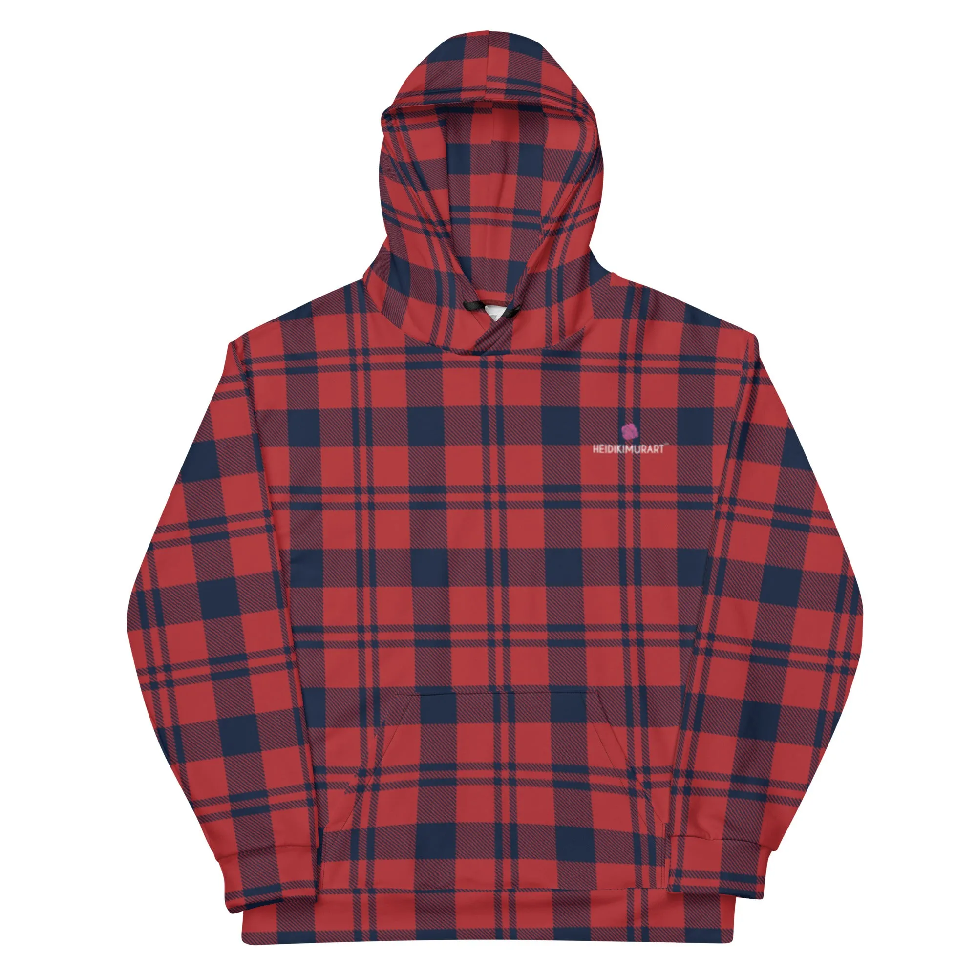Red Plaid Print Unisex Hoodie, Plaid Print Unisex Soft Fleece Designer Hoodie- Made in USA/MX/EU