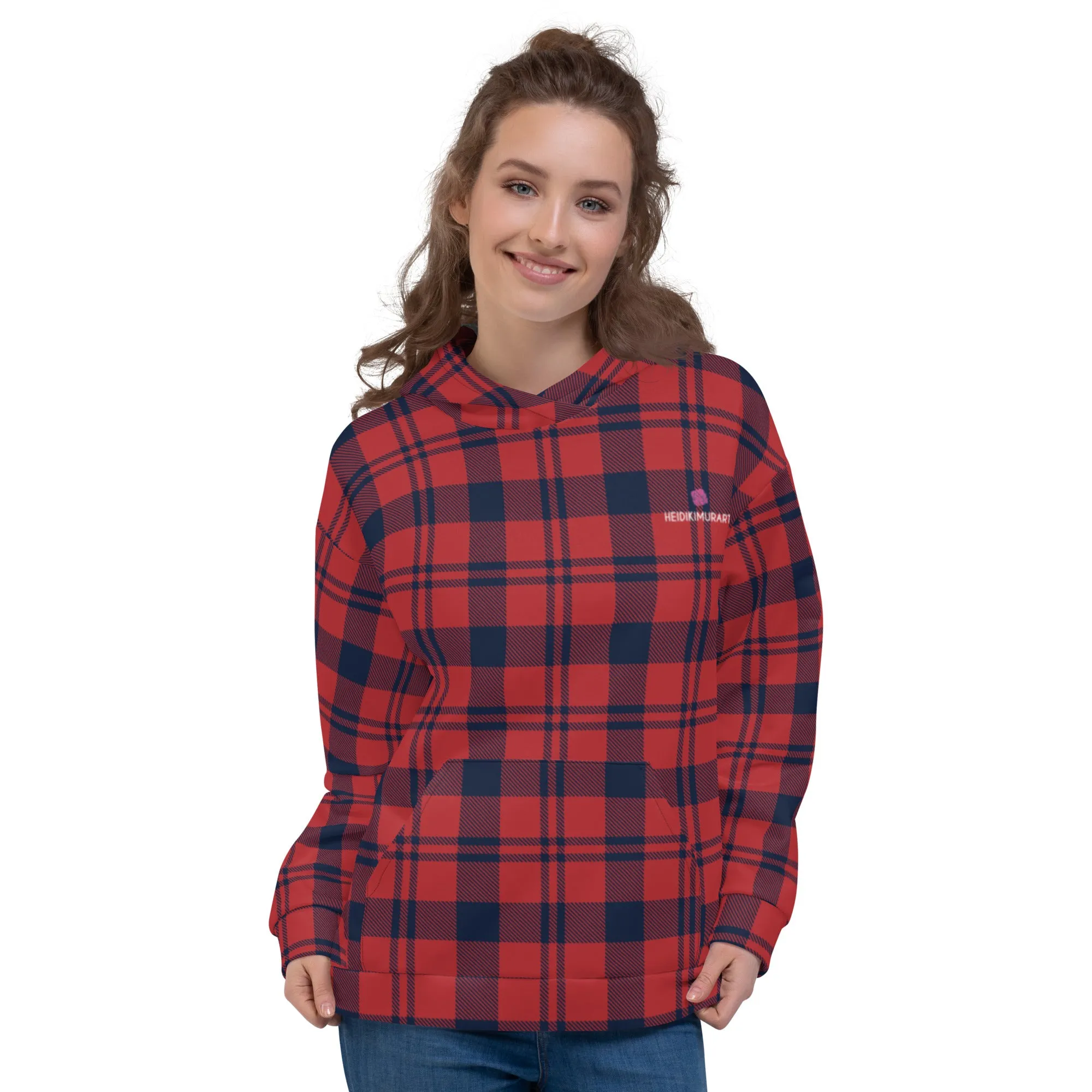 Red Plaid Print Unisex Hoodie, Plaid Print Unisex Soft Fleece Designer Hoodie- Made in USA/MX/EU