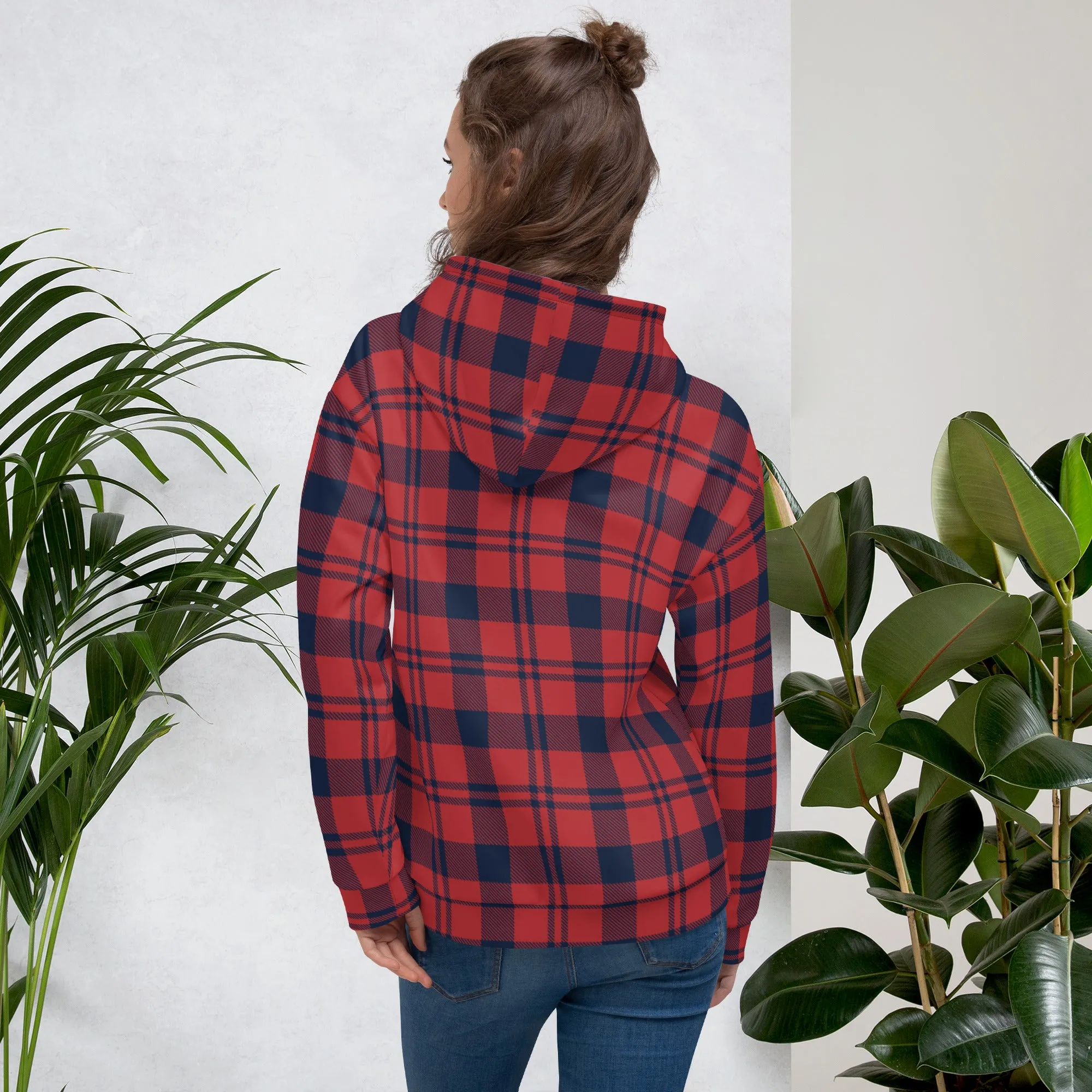 Red Plaid Print Unisex Hoodie, Plaid Print Unisex Soft Fleece Designer Hoodie- Made in USA/MX/EU