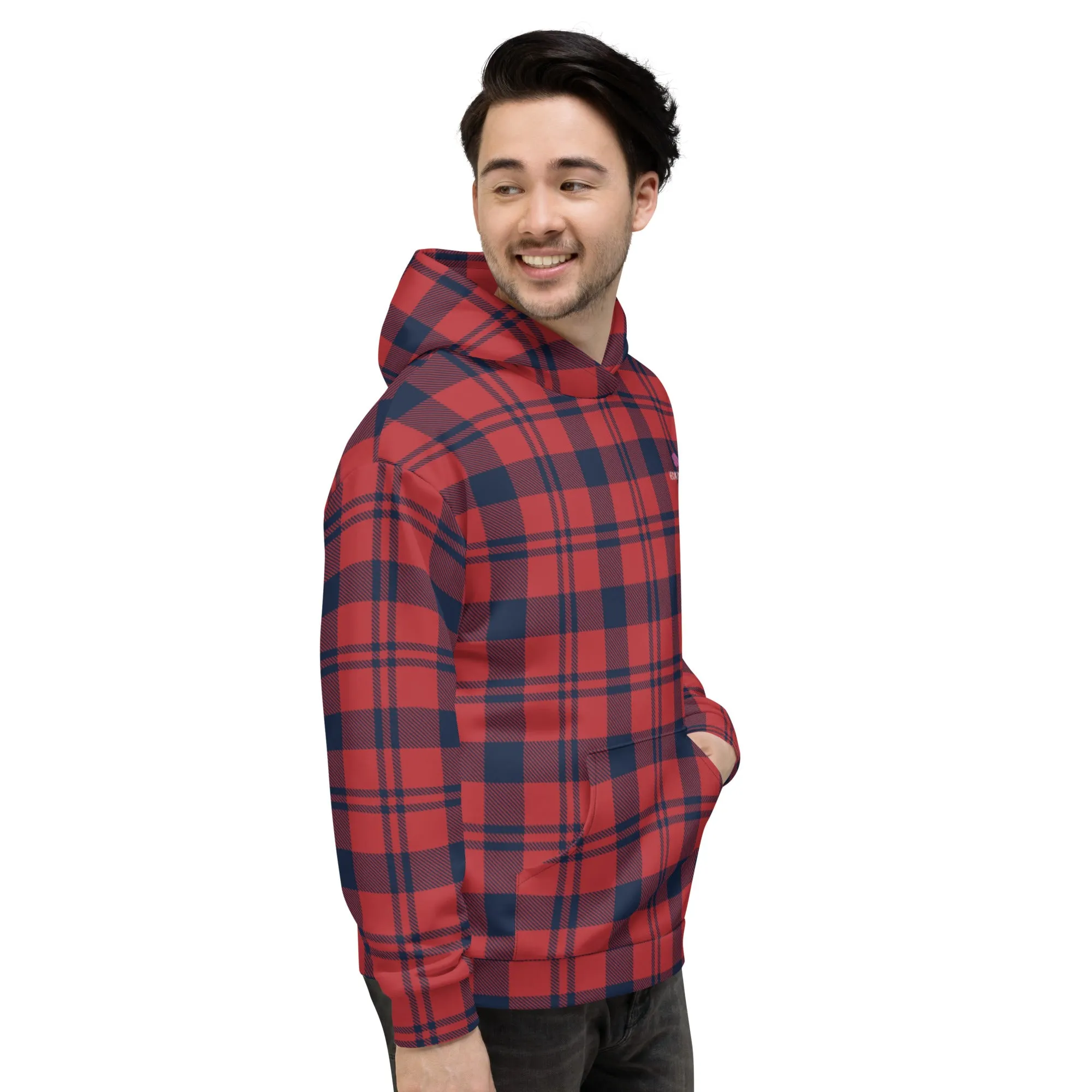 Red Plaid Print Unisex Hoodie, Plaid Print Unisex Soft Fleece Designer Hoodie- Made in USA/MX/EU