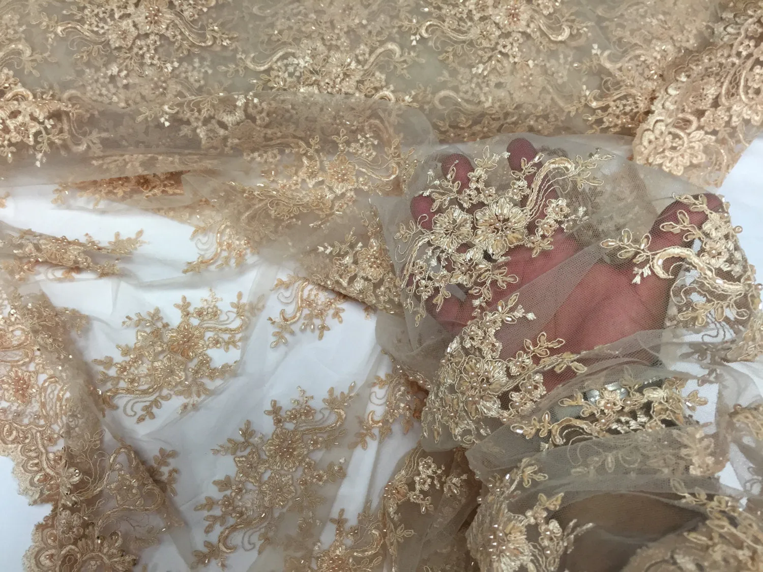Skin/ nude marvelous design embroider and beaded on a mesh lace -Sold by the yard