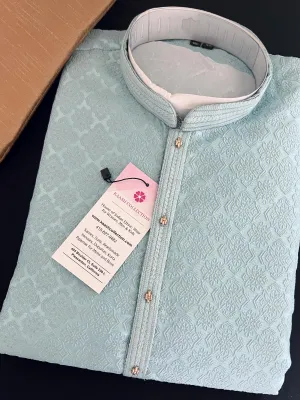 Sky Blue Color Men Kurta Pajama with Embossed Pattern with small Zari Zari Weave work and Self Embroidery | Sherwani Style Kurta