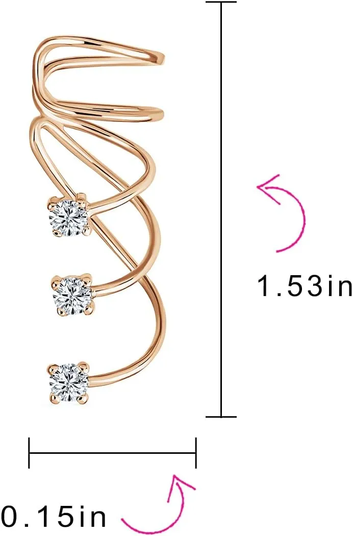Triple Spiral CZ Curved Crawlers Wire Cubic Zirconia Cartilage Ear Cuff Pin Earring For Women Teen 14K Yellow Rose Gold Plated .925 Sterling Silver