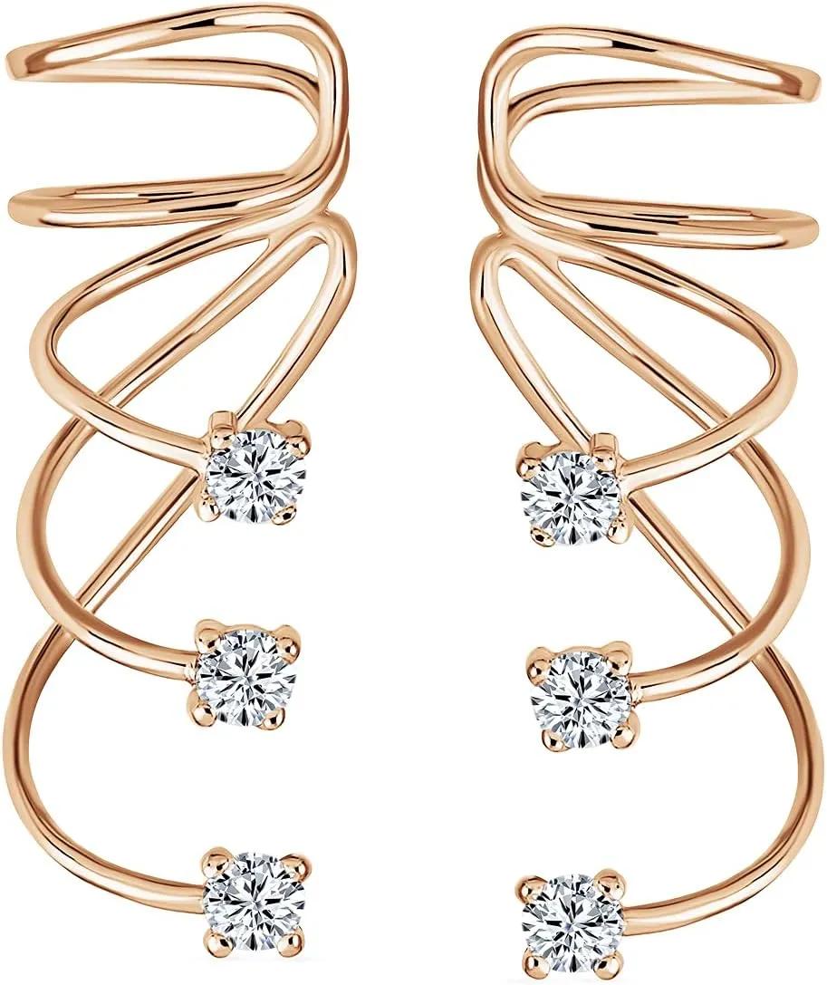 Triple Spiral CZ Curved Crawlers Wire Cubic Zirconia Cartilage Ear Cuff Pin Earring For Women Teen 14K Yellow Rose Gold Plated .925 Sterling Silver