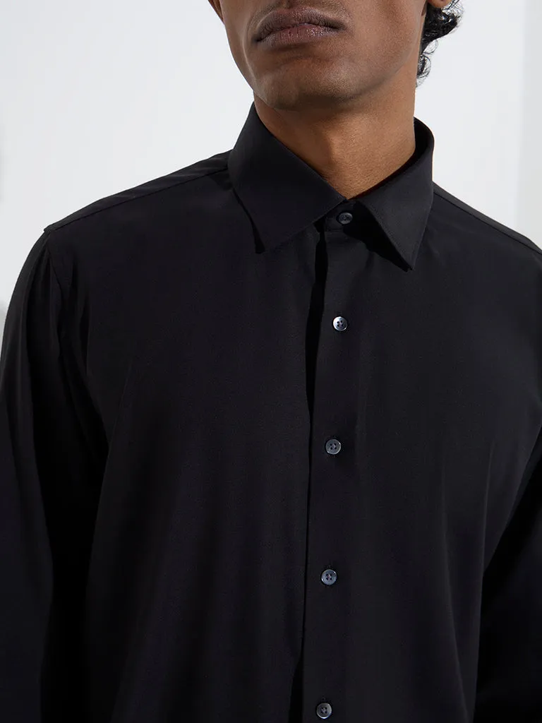 WES Formals Black Solid Slim-Fit Cotton Shirt