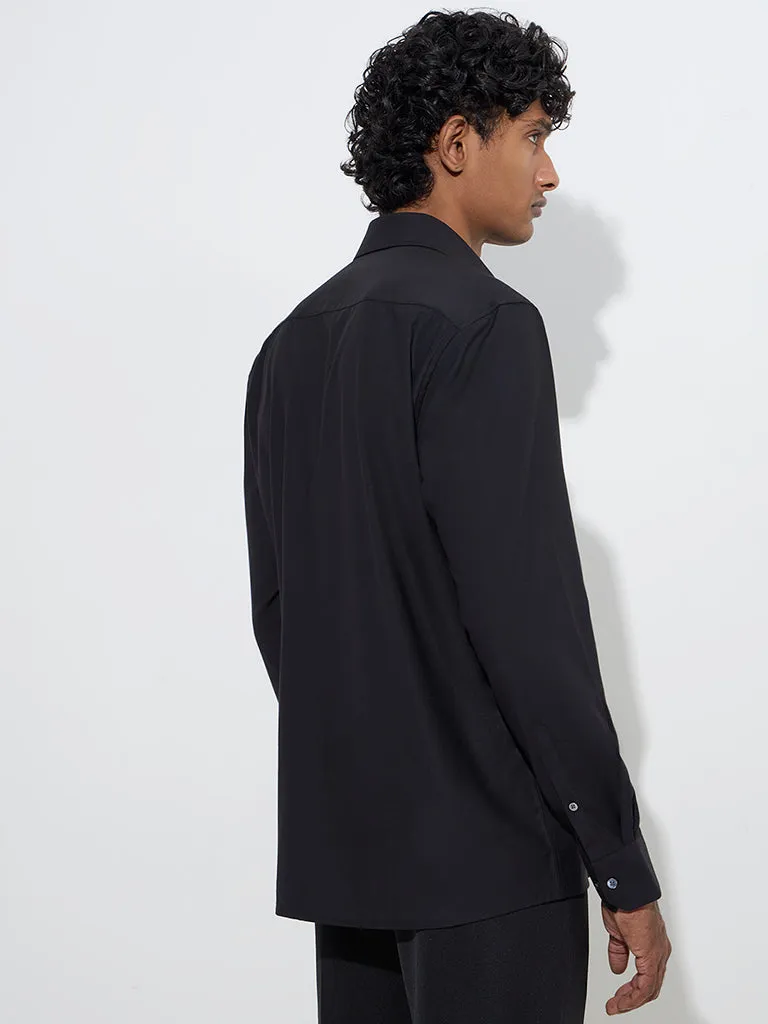 WES Formals Black Solid Slim-Fit Cotton Shirt
