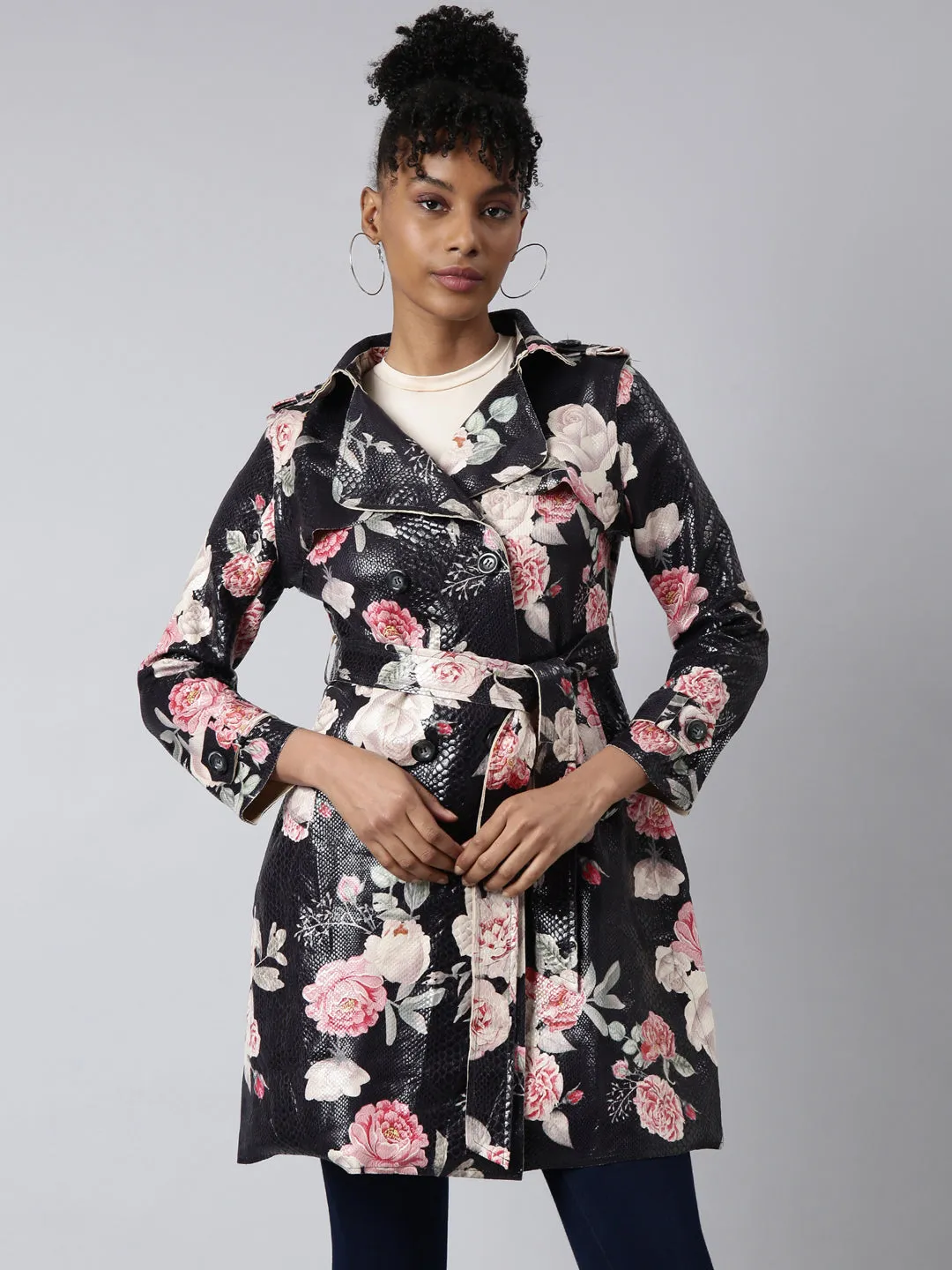 Women Black Floral Longline Trench Coat