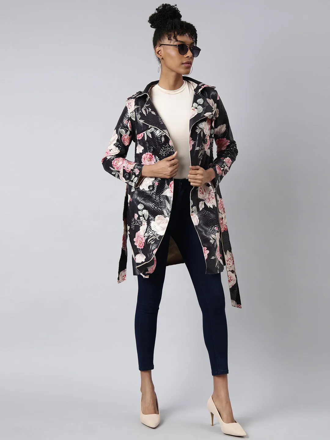 Women Black Floral Longline Trench Coat