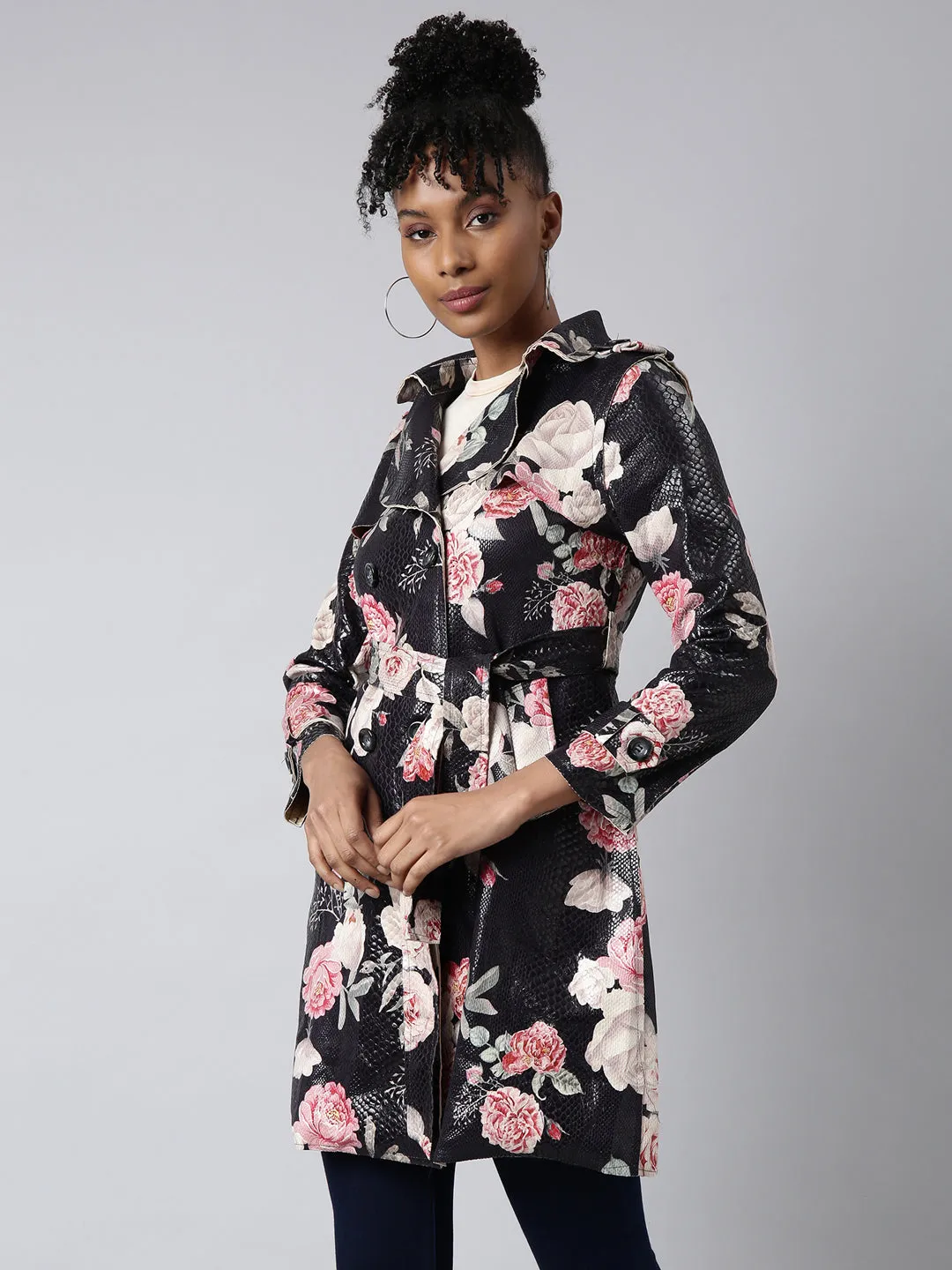 Women Black Floral Longline Trench Coat