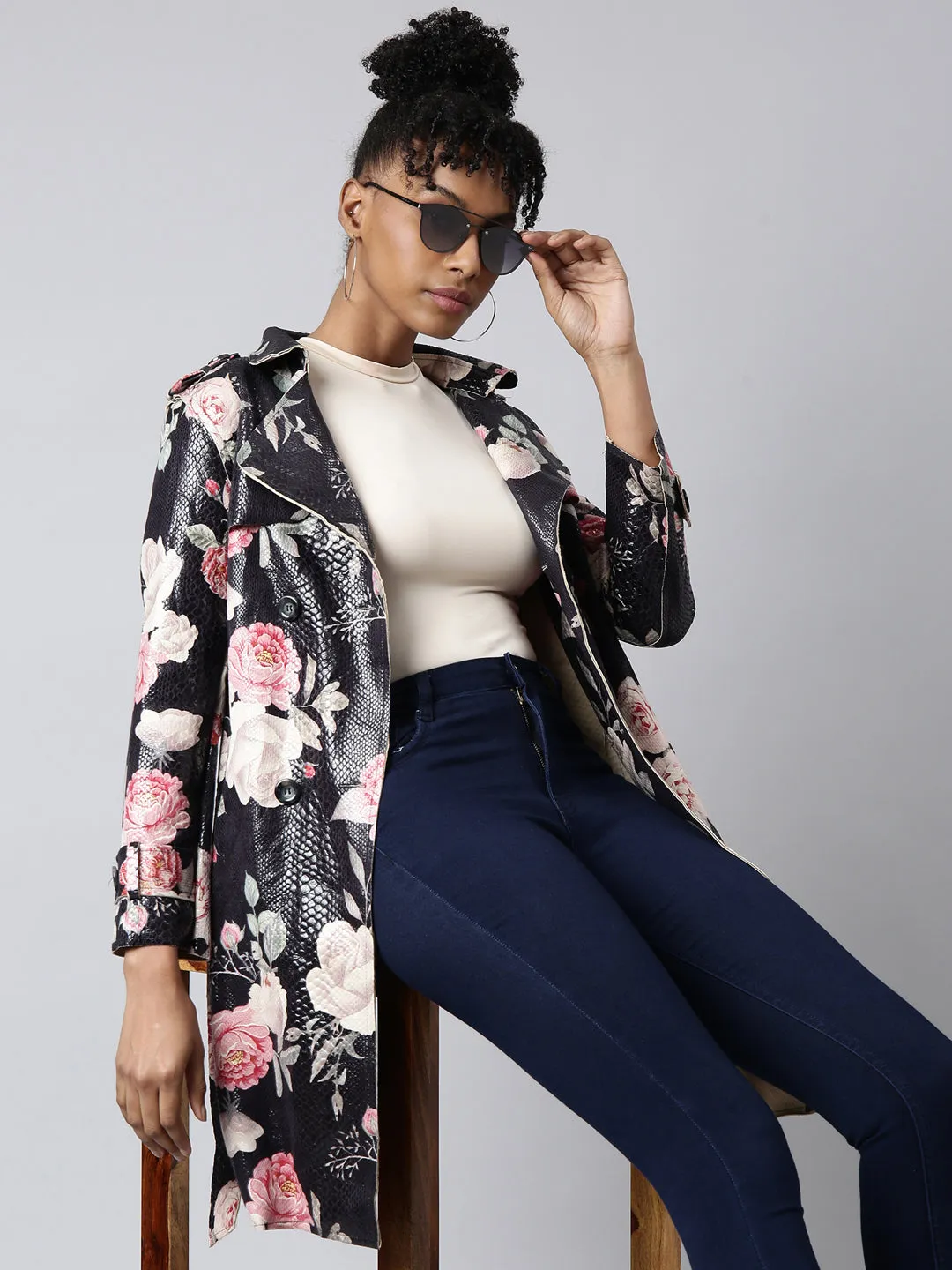 Women Black Floral Longline Trench Coat