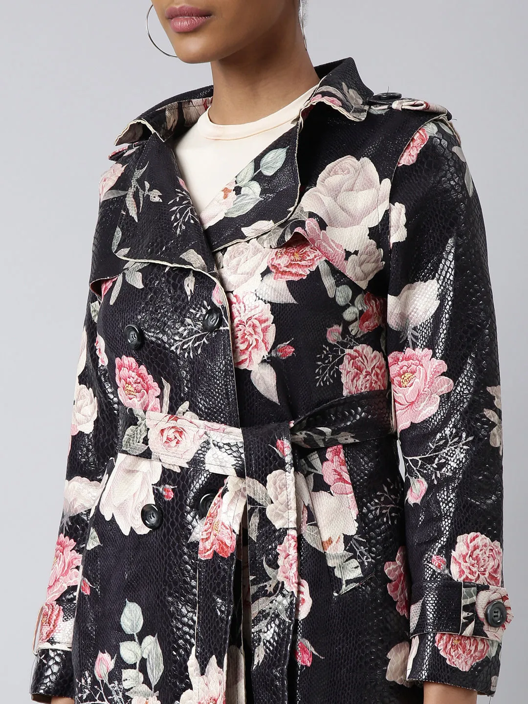 Women Black Floral Longline Trench Coat