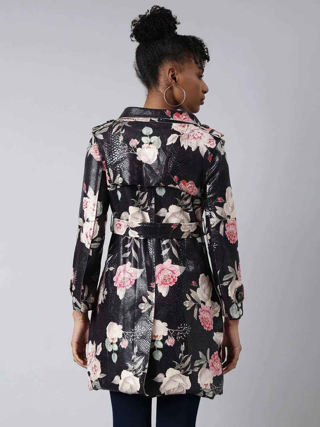 Women Black Floral Longline Trench Coat