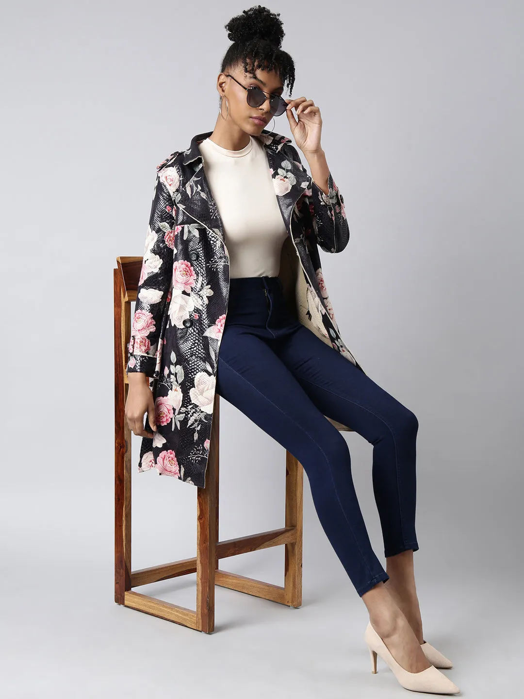 Women Black Floral Longline Trench Coat