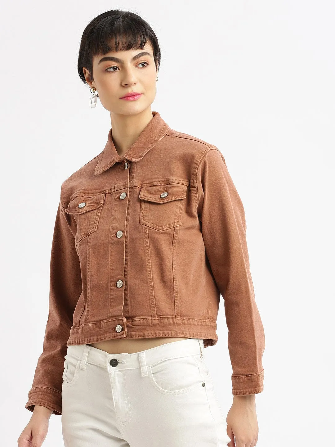 Women Brown Windcheater Crop Denim Jacket with Embroidered
