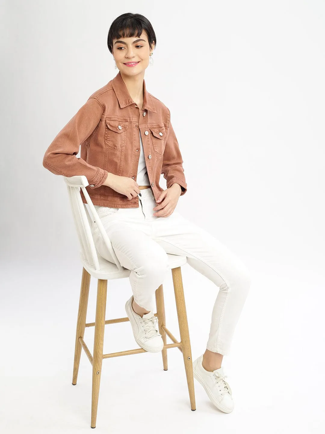 Women Brown Windcheater Crop Denim Jacket with Embroidered