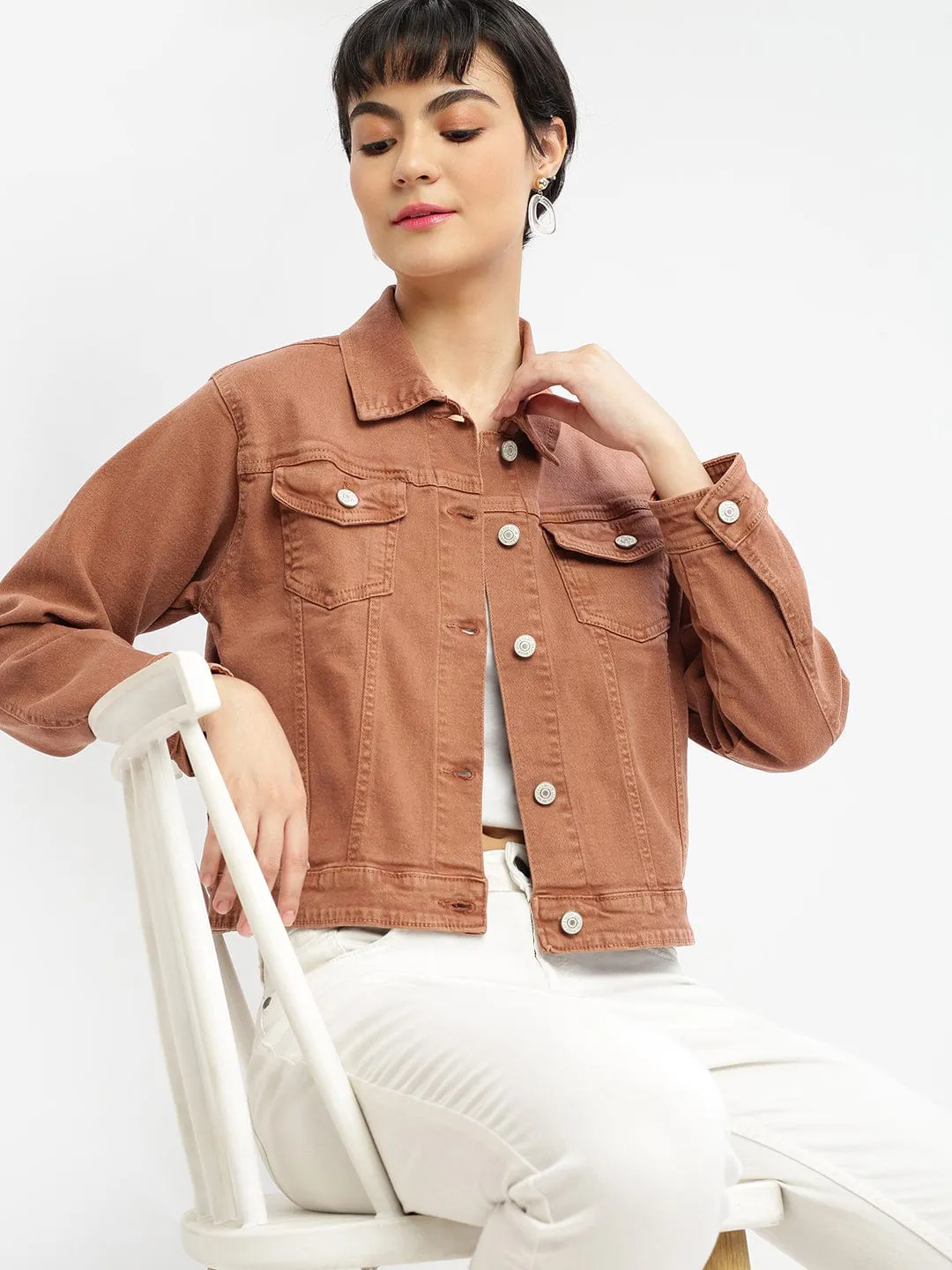 Women Brown Windcheater Crop Denim Jacket with Embroidered