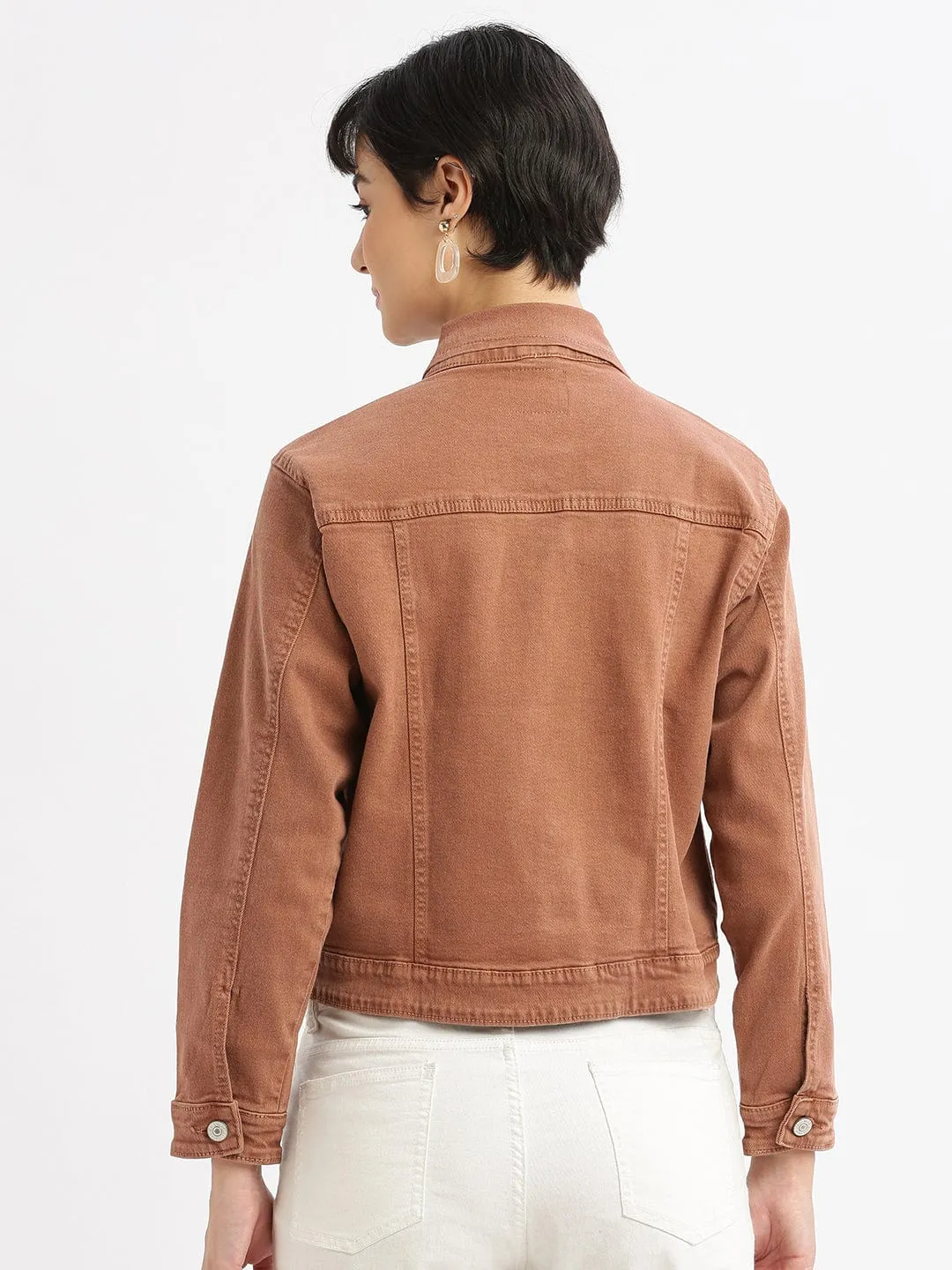 Women Brown Windcheater Crop Denim Jacket with Embroidered