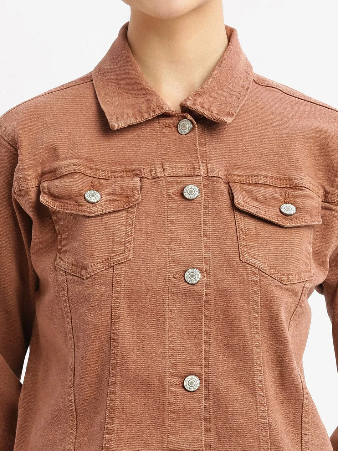 Women Brown Windcheater Crop Denim Jacket with Embroidered