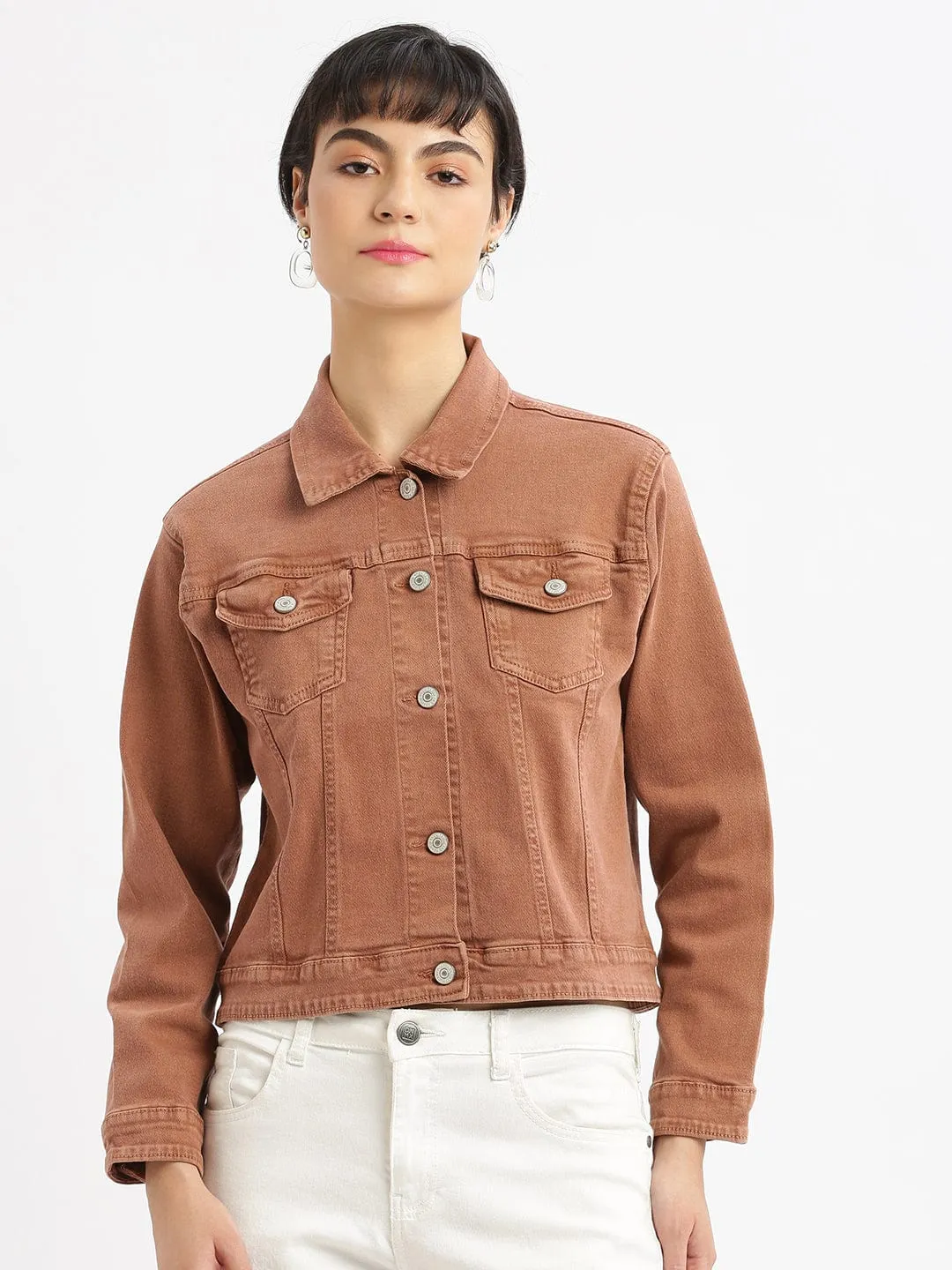 Women Brown Windcheater Crop Denim Jacket with Embroidered