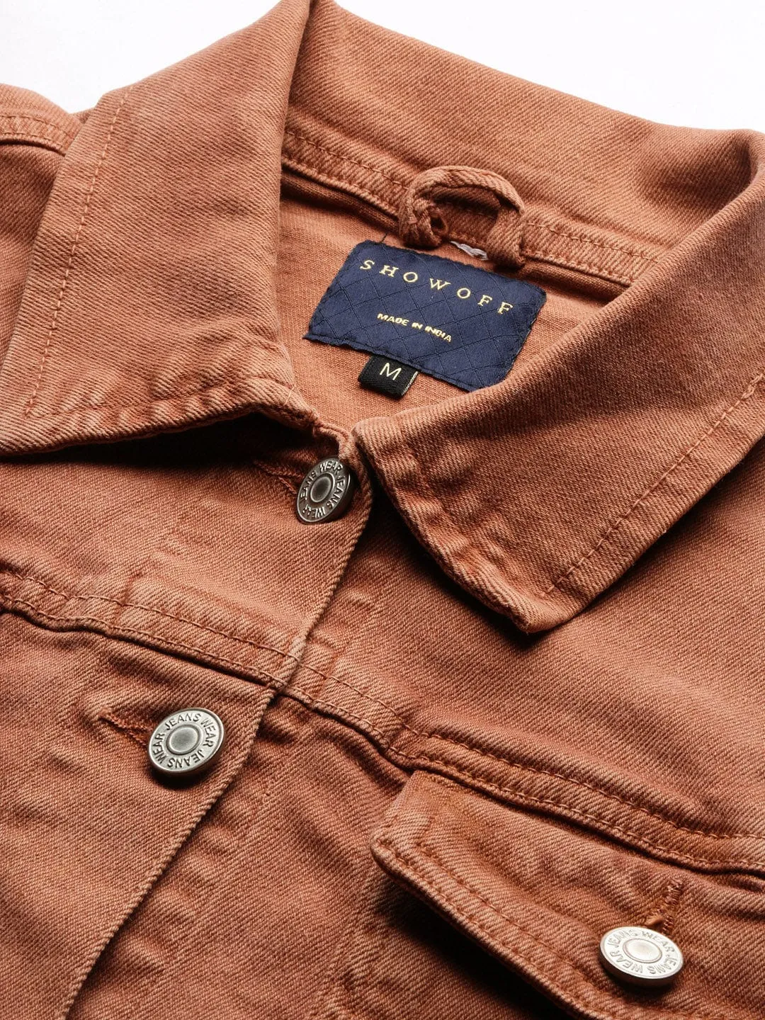 Women Brown Windcheater Crop Denim Jacket with Embroidered