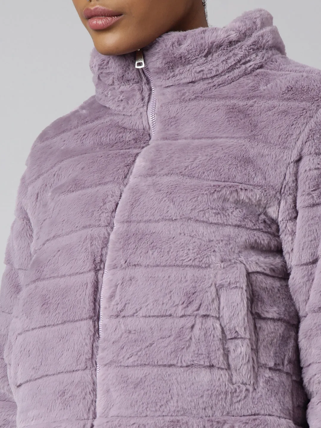 Women Lavender Faux Fur Crop Puffer Jacket