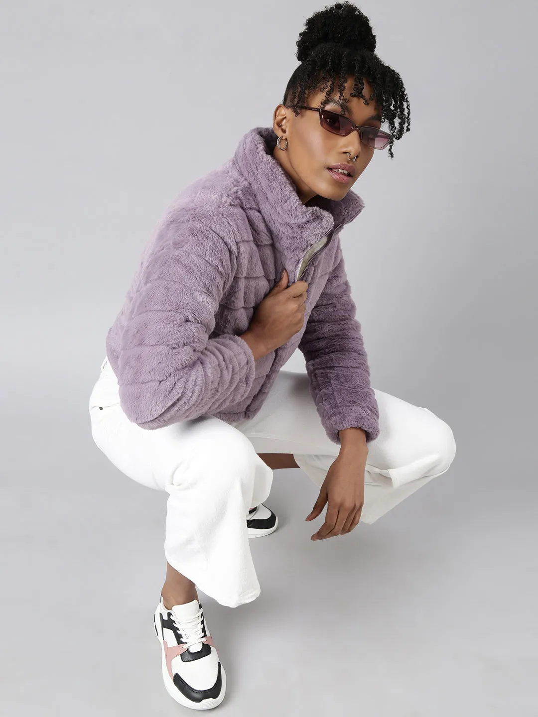 Women Lavender Faux Fur Crop Puffer Jacket