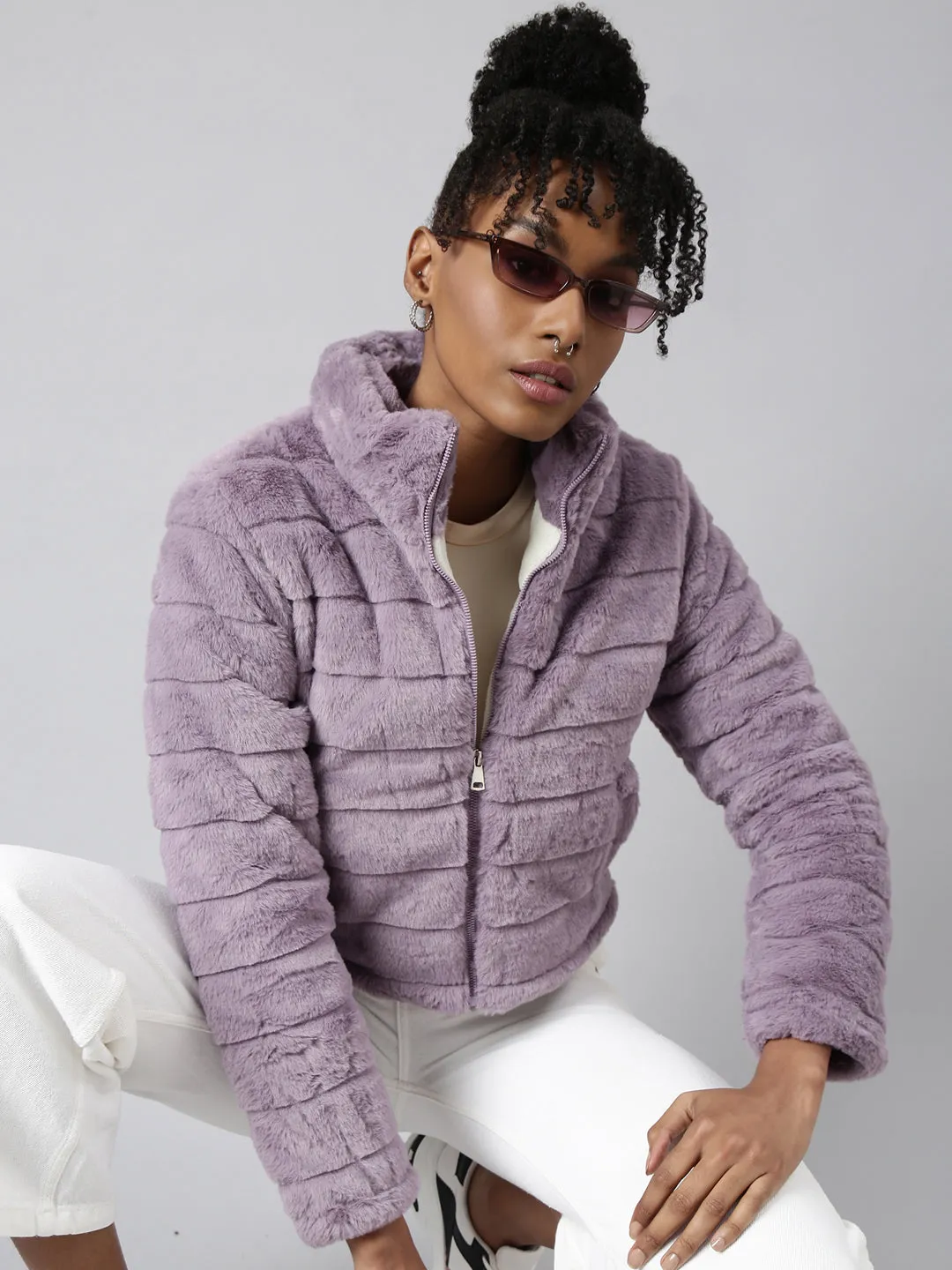Women Lavender Faux Fur Crop Puffer Jacket