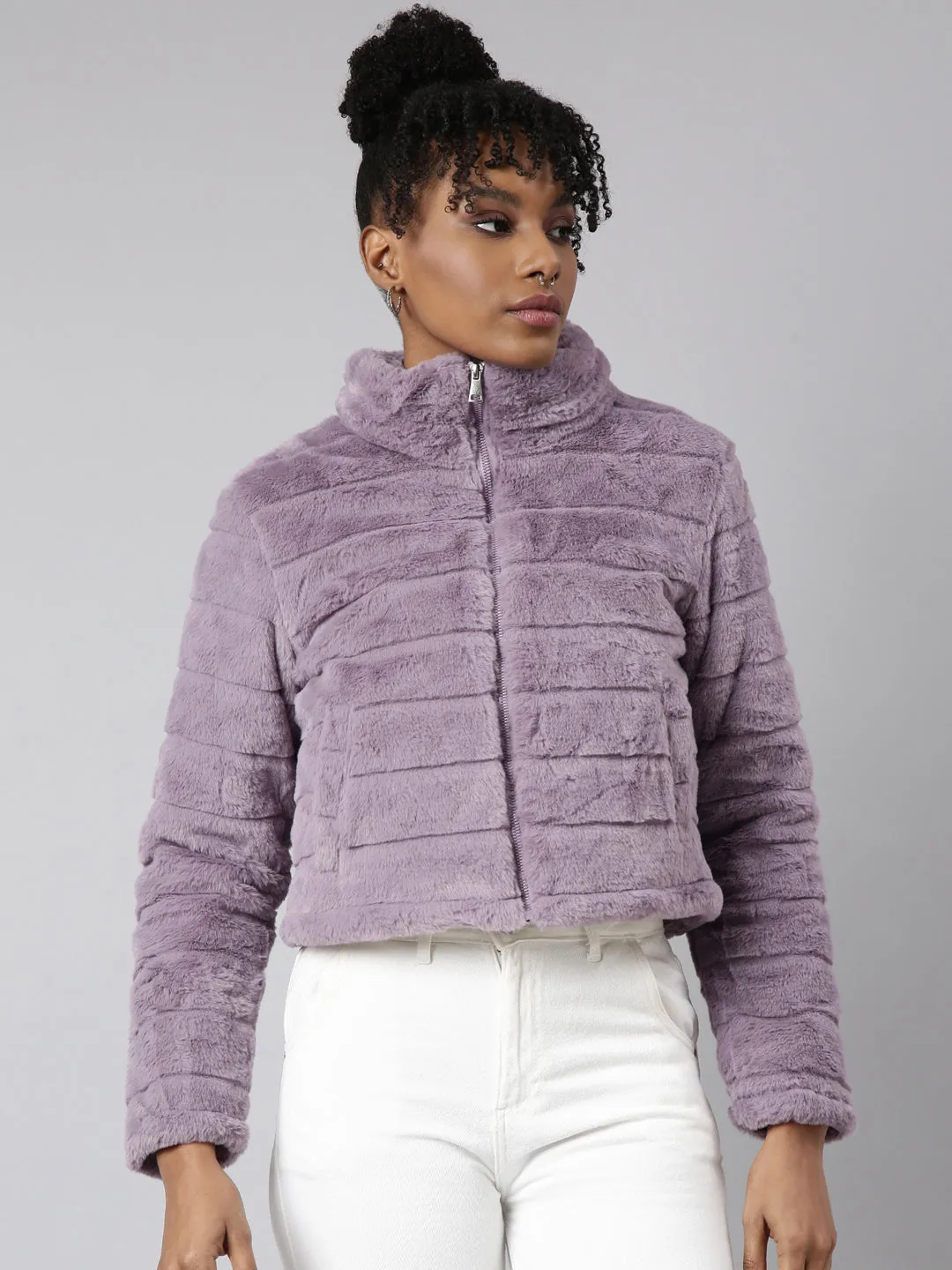 Women Lavender Faux Fur Crop Puffer Jacket