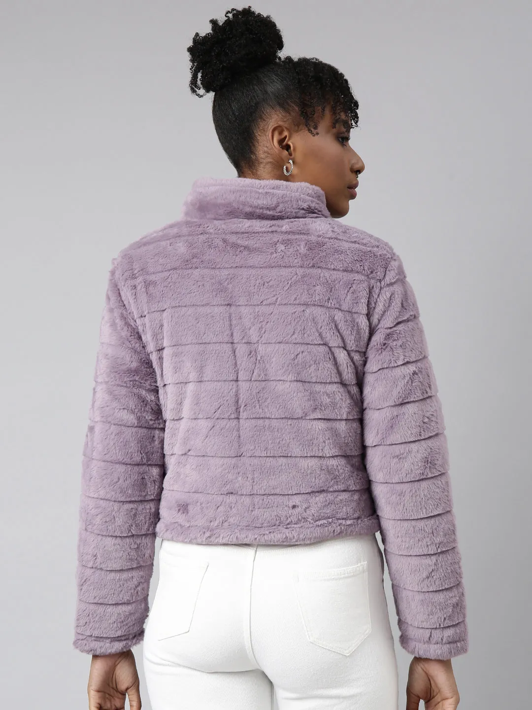 Women Lavender Faux Fur Crop Puffer Jacket