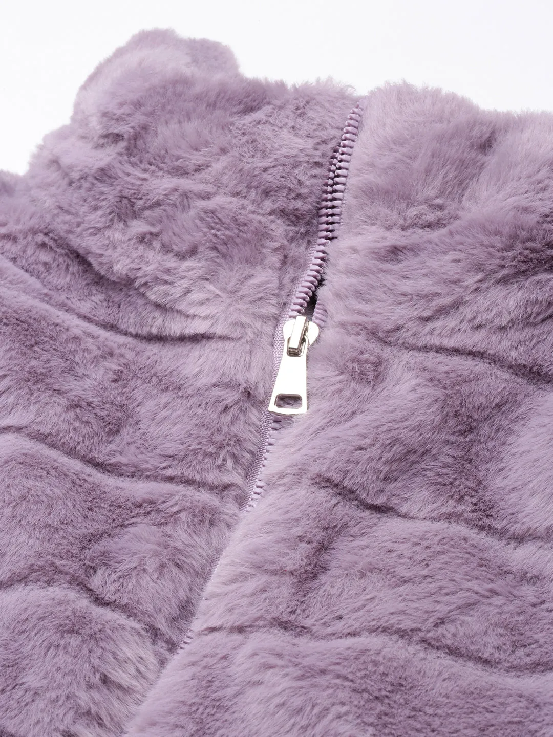 Women Lavender Faux Fur Crop Puffer Jacket