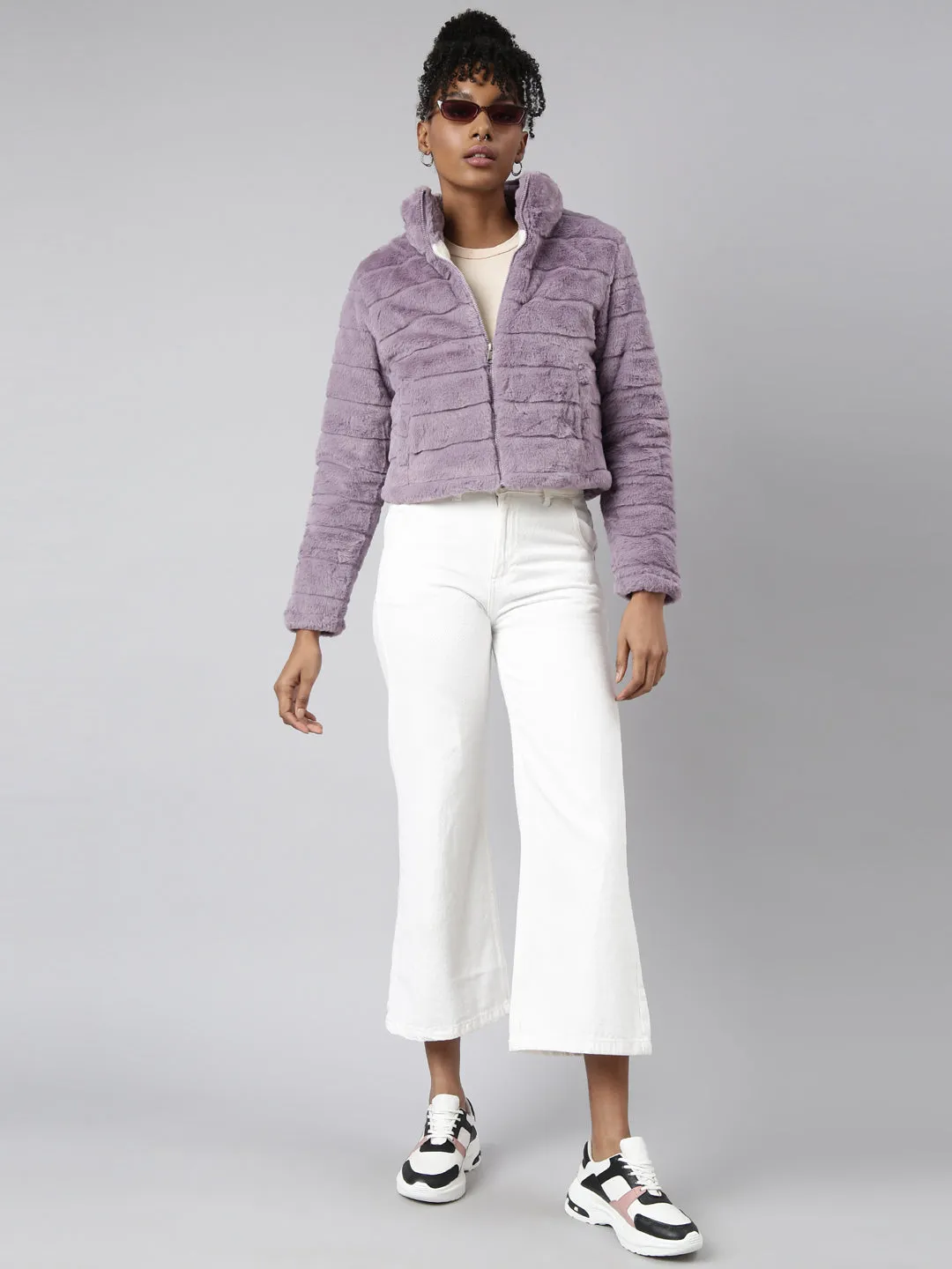 Women Lavender Faux Fur Crop Puffer Jacket