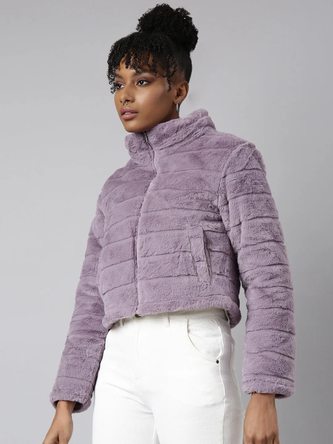 Women Lavender Faux Fur Crop Puffer Jacket