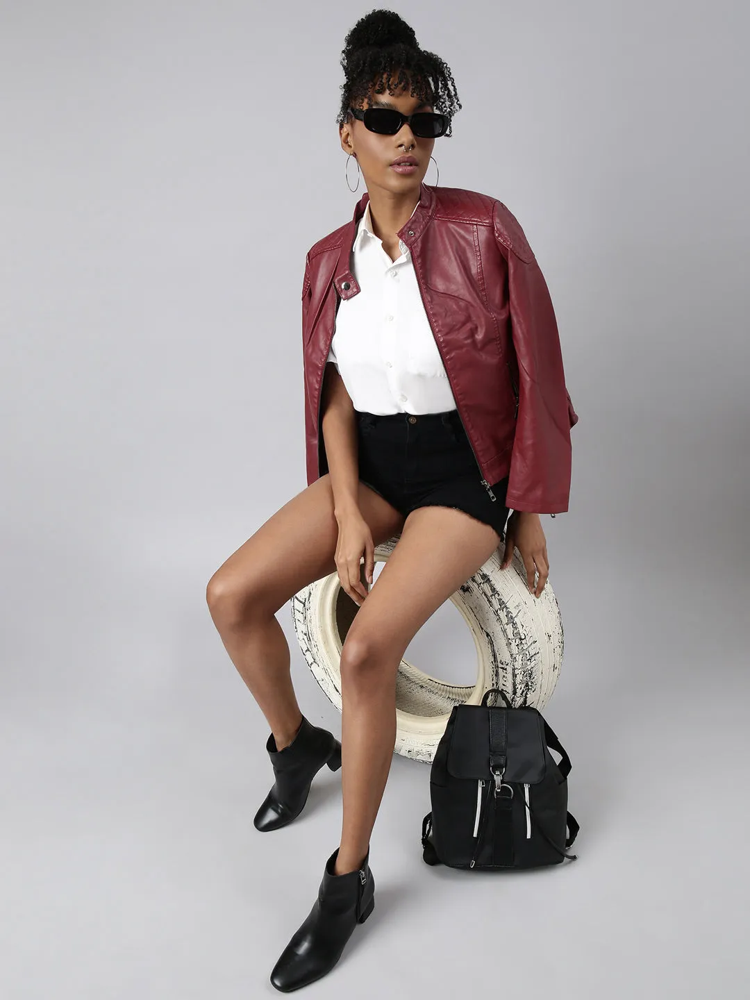 Women Maroon Stand Collar Crop Biker Jacket