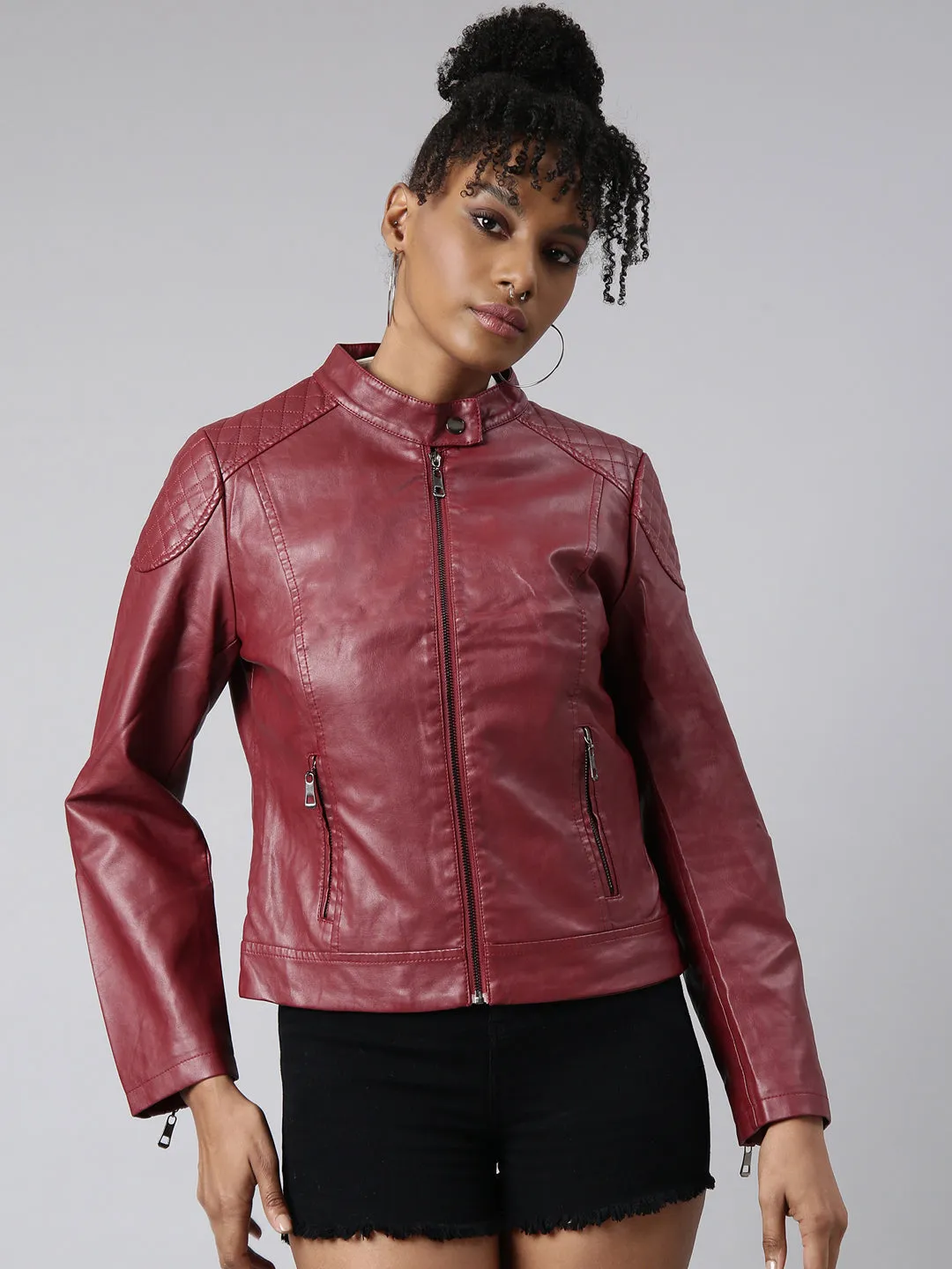 Women Maroon Stand Collar Crop Biker Jacket