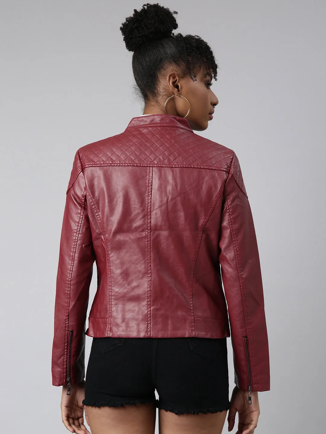 Women Maroon Stand Collar Crop Biker Jacket