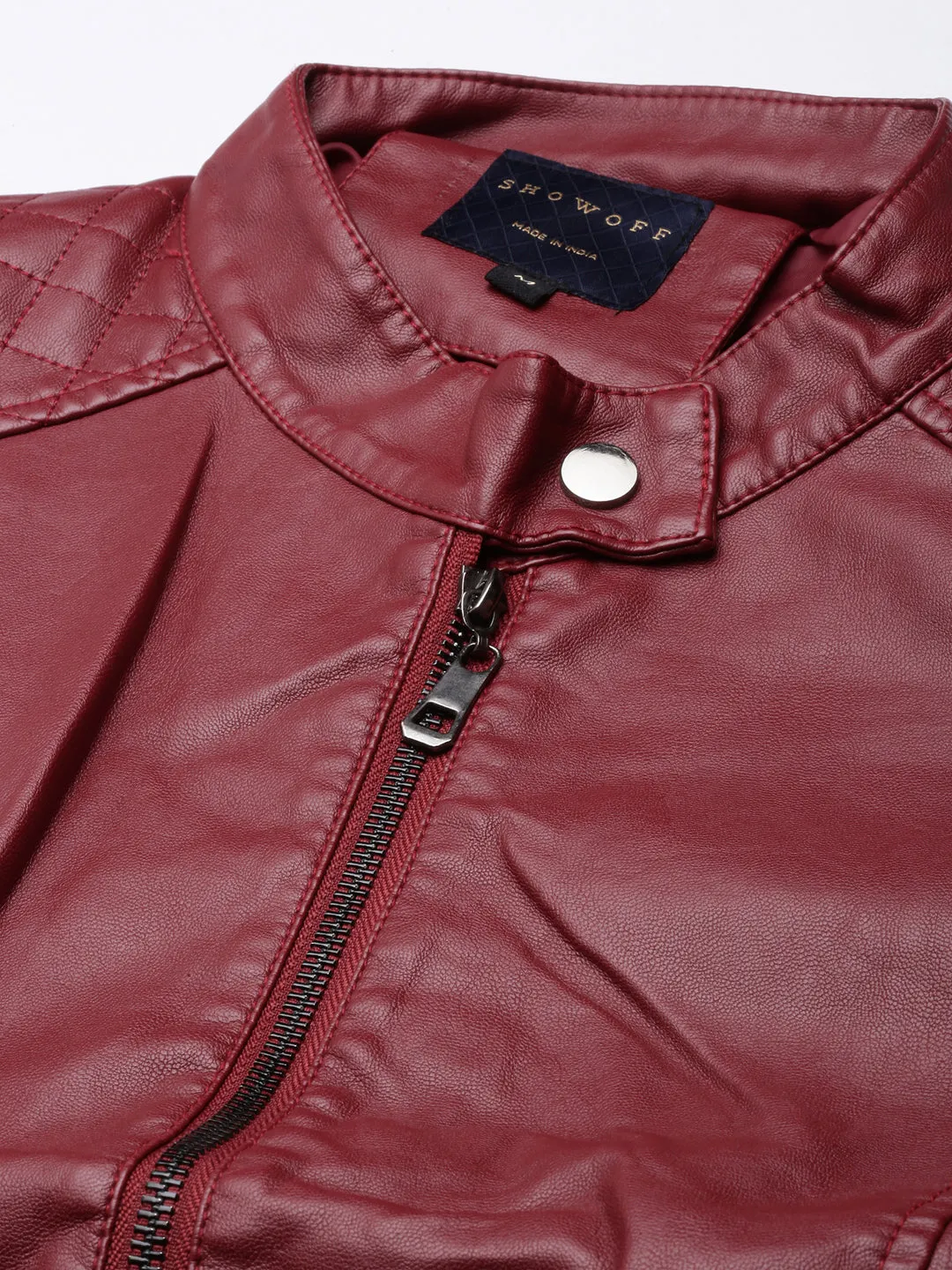 Women Maroon Stand Collar Crop Biker Jacket