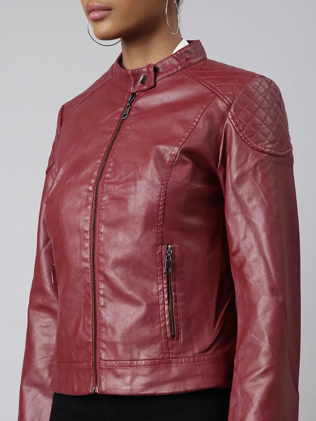 Women Maroon Stand Collar Crop Biker Jacket