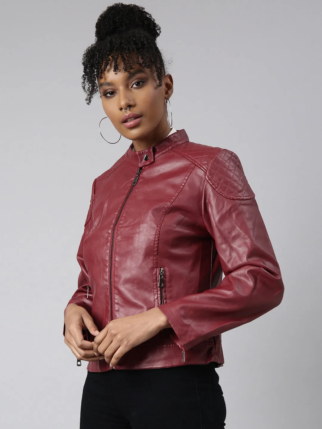 Women Maroon Stand Collar Crop Biker Jacket
