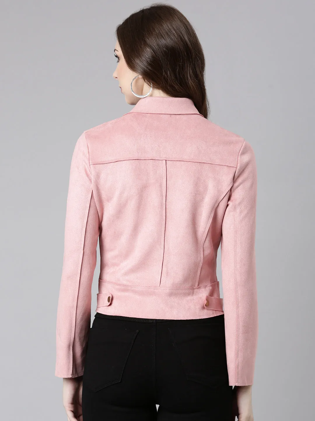 Women Pink Spread Collar Zip Detail Crop Tailored Jacket