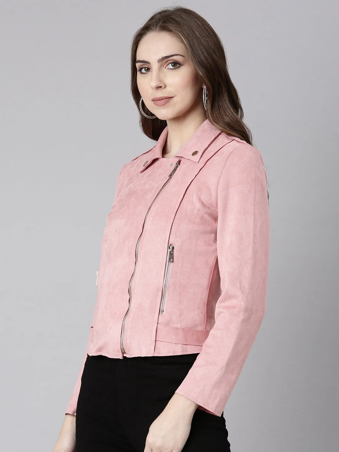 Women Pink Spread Collar Zip Detail Crop Tailored Jacket