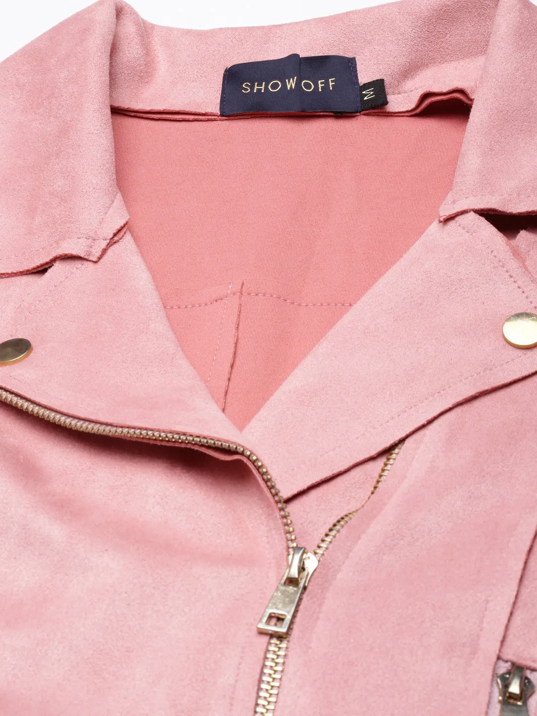 Women Pink Spread Collar Zip Detail Crop Tailored Jacket