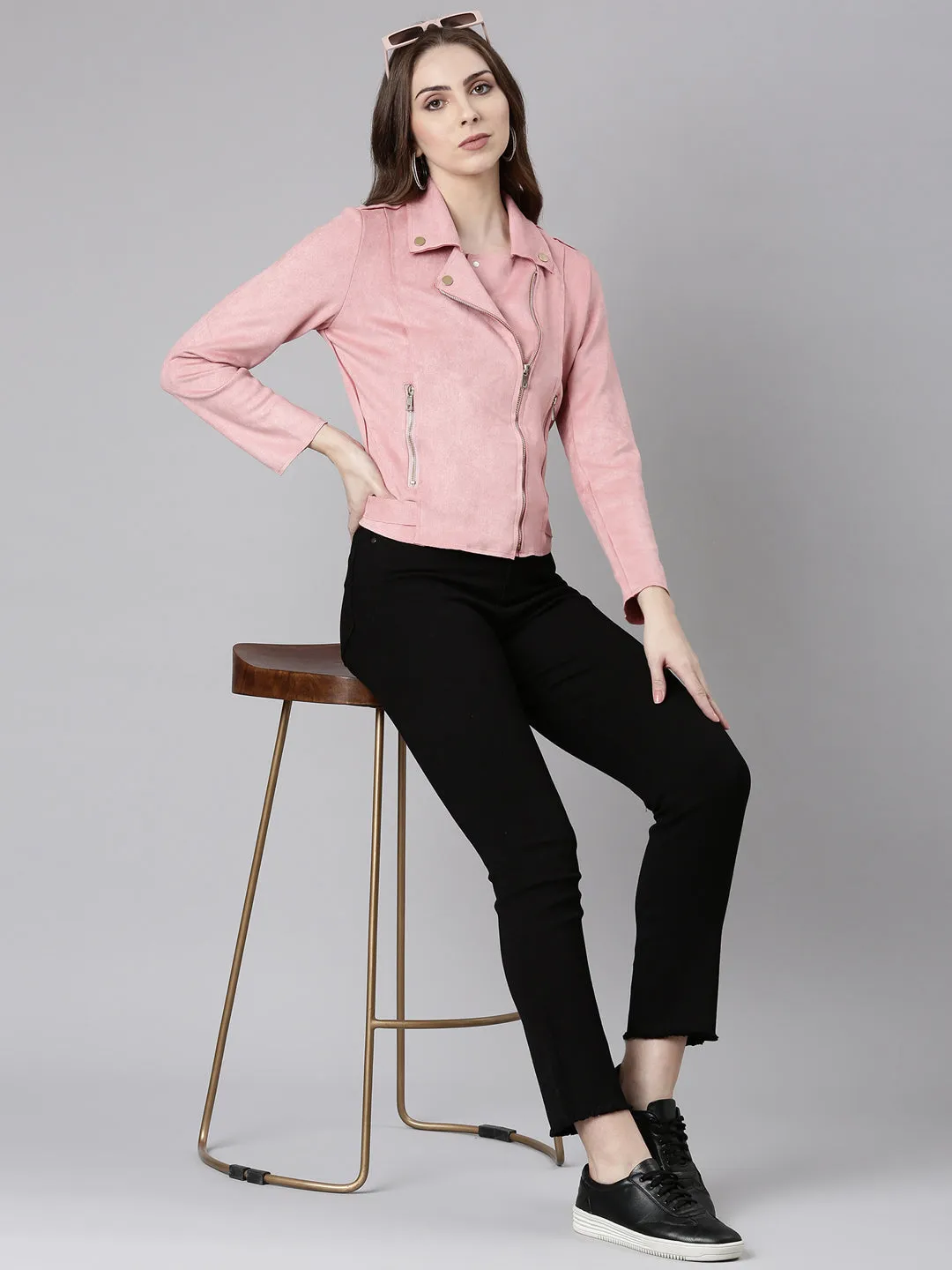 Women Pink Spread Collar Zip Detail Crop Tailored Jacket