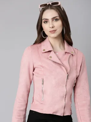 Women Pink Spread Collar Zip Detail Crop Tailored Jacket