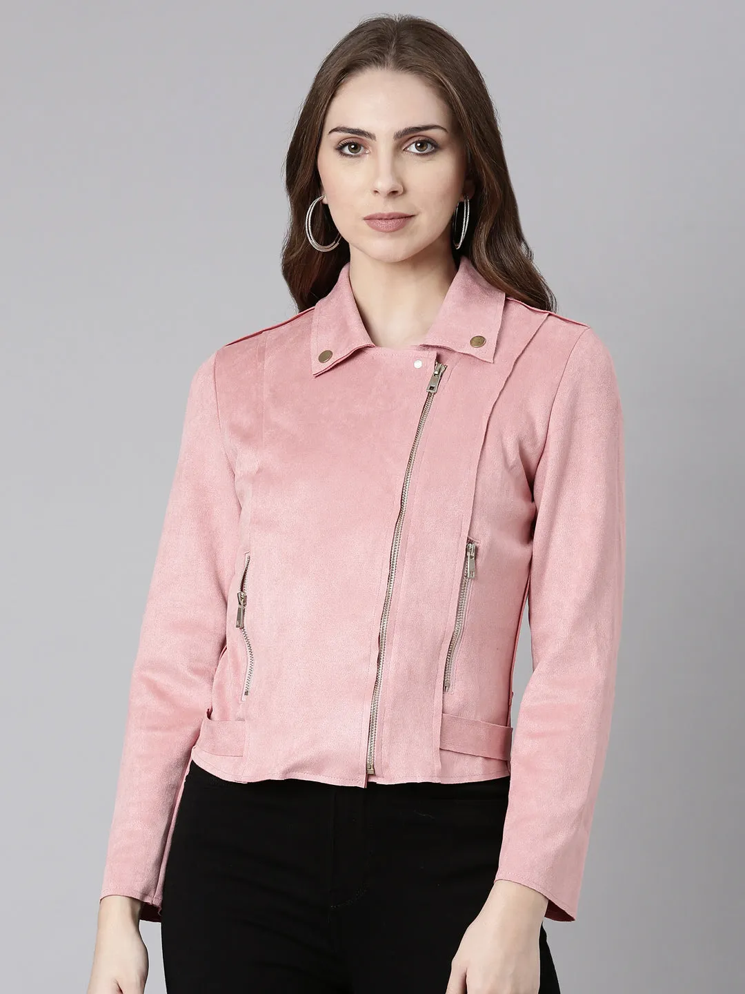 Women Pink Spread Collar Zip Detail Crop Tailored Jacket