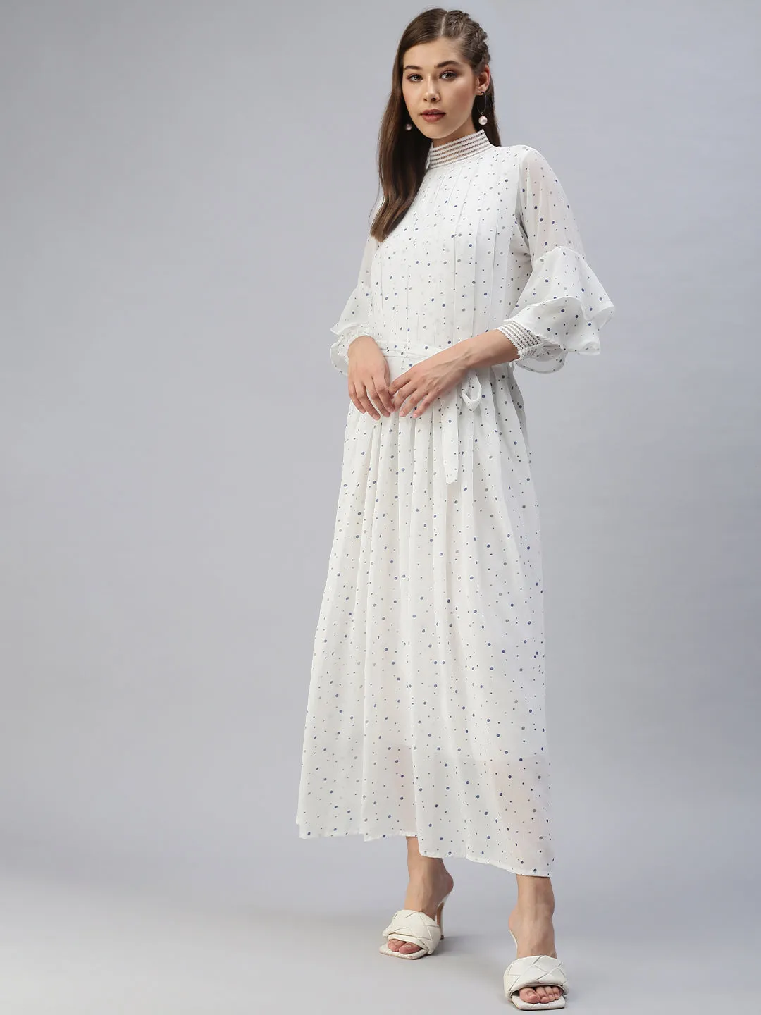 Women Printed Casual Fit and Flare White Dress