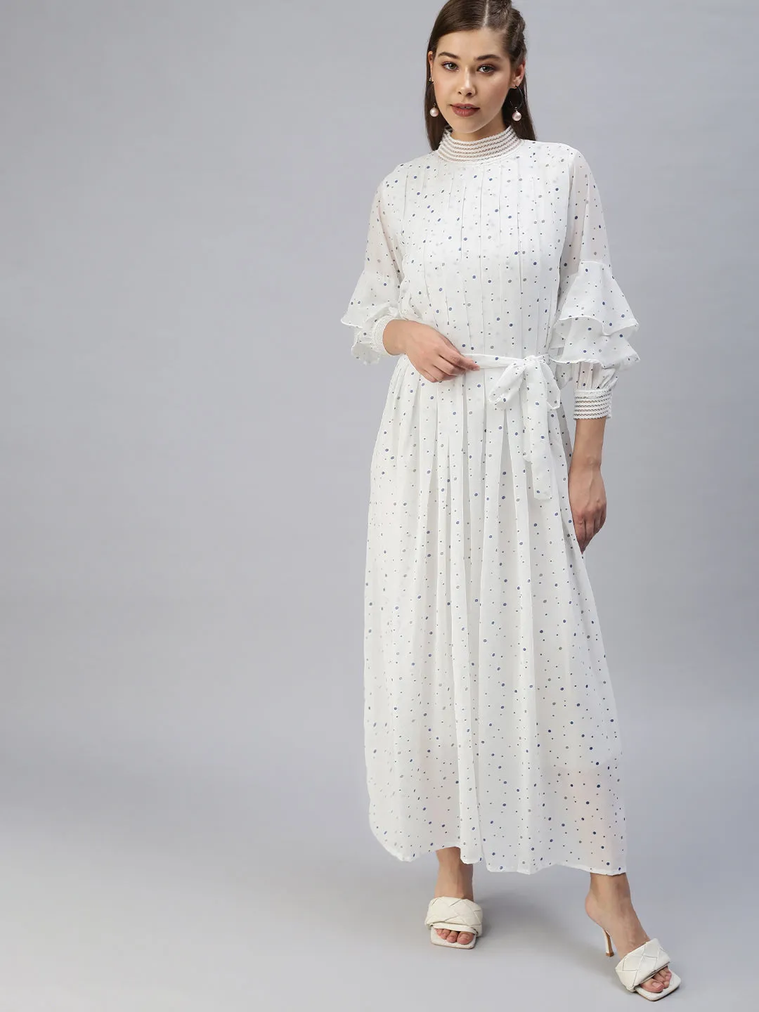 Women Printed Casual Fit and Flare White Dress