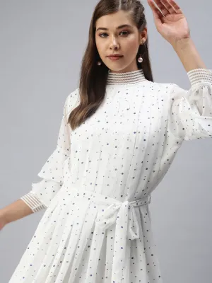 Women Printed Casual Fit and Flare White Dress