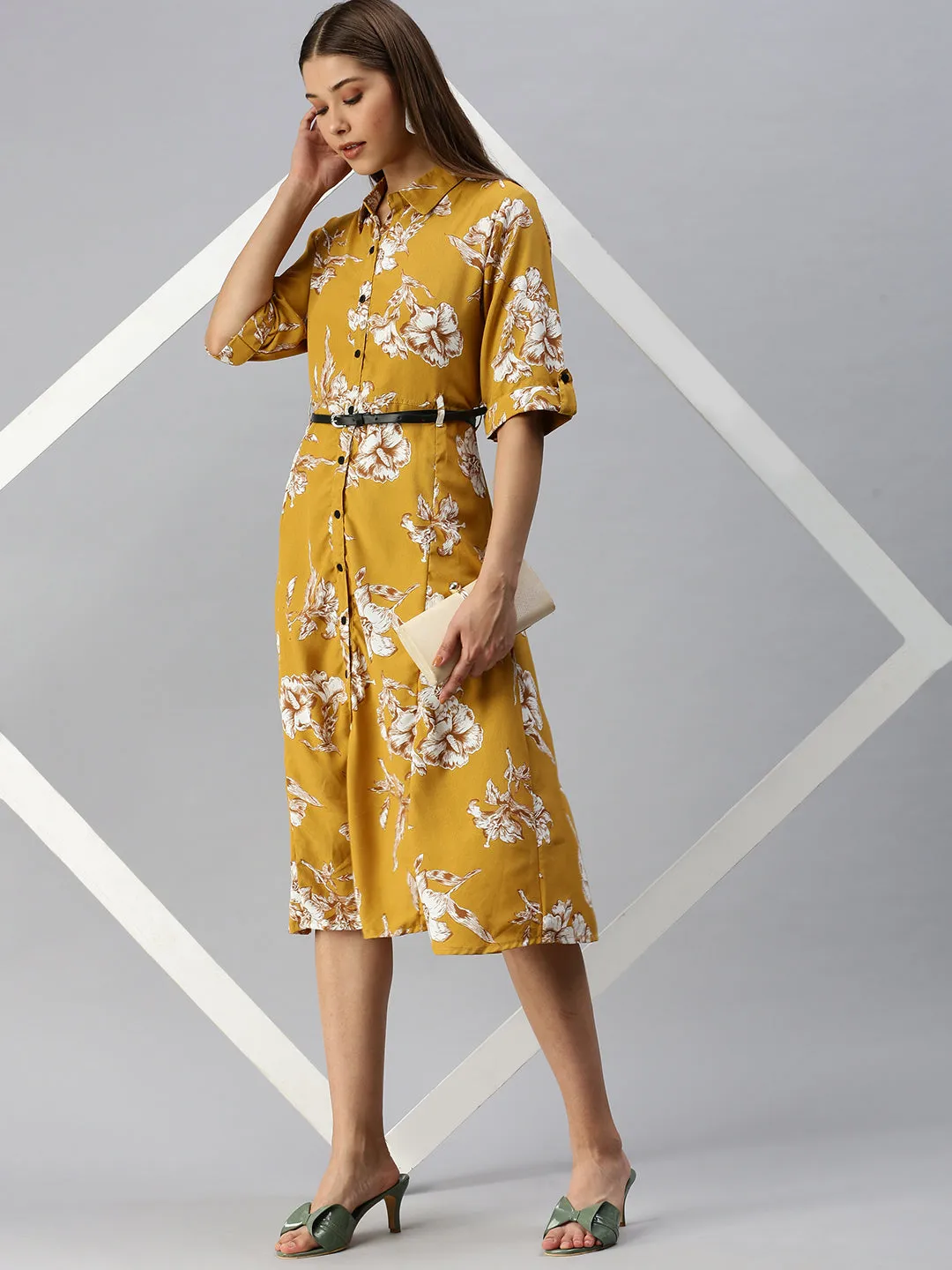 Women Printed Fit and Flare Mustard Dress