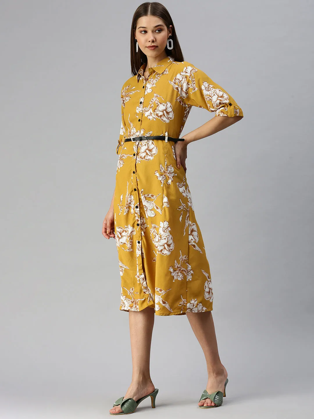 Women Printed Fit and Flare Mustard Dress